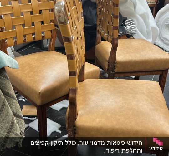 כיסאות מרופדים עם רצועות עור וספוגים ברקע